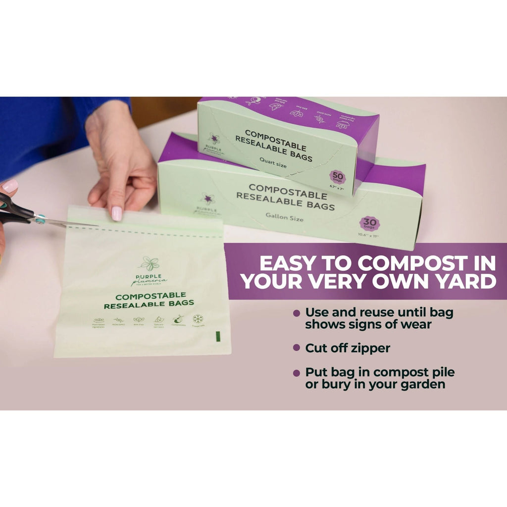 Compostable Resealable Bags. Eco-Friendly & Durable. Snack, Sandwich, Quart & Gallon Sizes