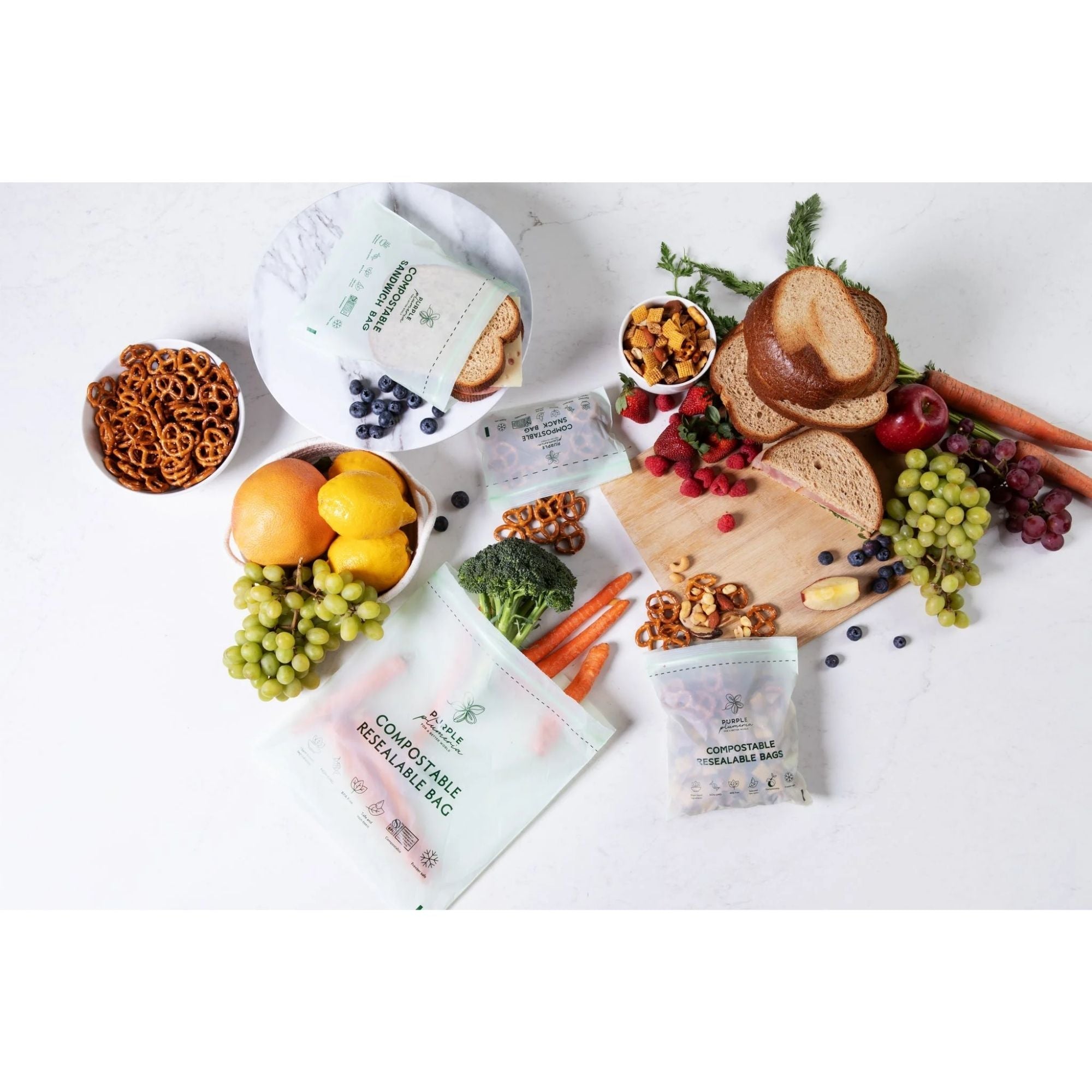 Compostable Resealable Bags. Eco-Friendly & Durable. Snack, Sandwich, Quart & Gallon Sizes