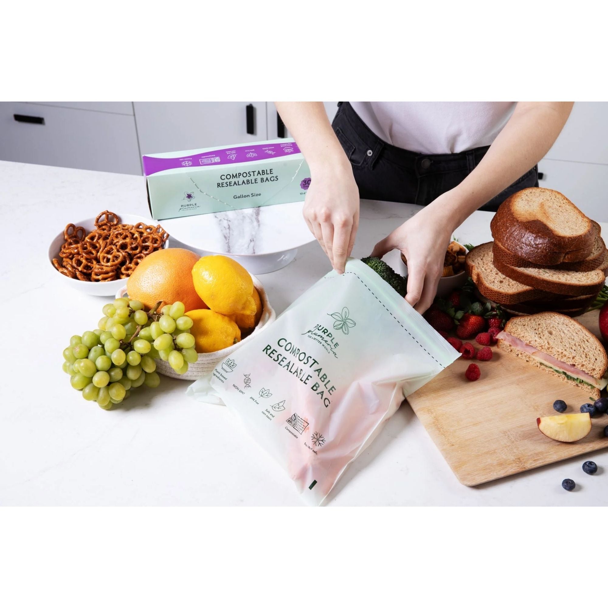 Compostable Resealable Bags. Eco-Friendly & Durable. Snack, Sandwich, Quart & Gallon Sizes