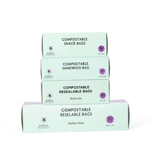 Load image into Gallery viewer, Compostable Resealable Bags. Eco-Friendly &amp; Durable. Snack, Sandwich, Quart &amp; Gallon Sizes