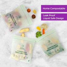 Load image into Gallery viewer, Compostable Resealable Bags. Eco-Friendly &amp; Durable. Snack, Sandwich, Quart &amp; Gallon Sizes