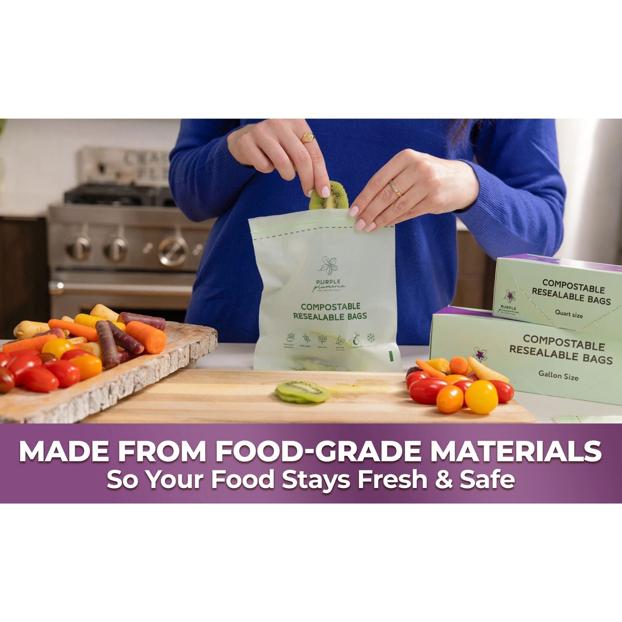 Compostable Resealable Bags. Eco-Friendly & Durable. Snack, Sandwich, Quart & Gallon Sizes