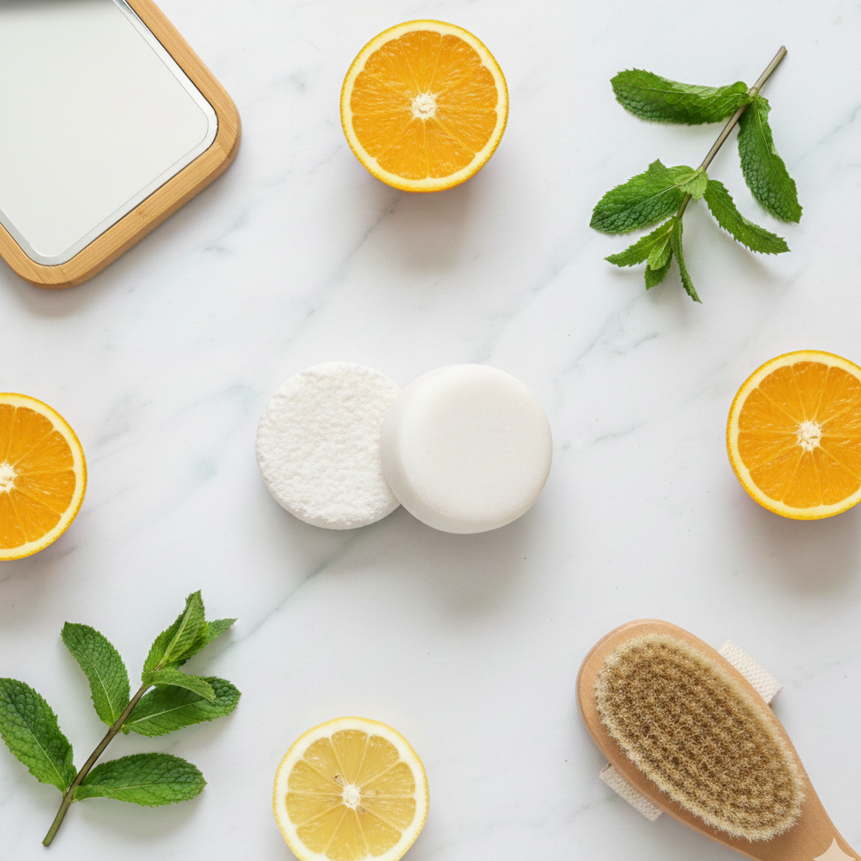 A vibrant top-down shot of the Citrus Mint Shampoo and Conditioner bars side-by-side on a white marble background. The duo is surrounded by a bright arrangement of fresh orange slices, lemon halves, and green mint leaves, emphasizing a refreshing hair care set.