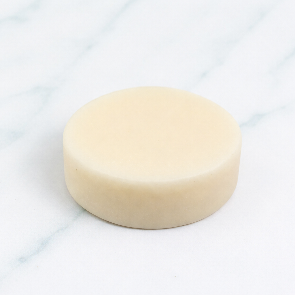 A product shot of a smooth, cream-colored Rosemary Conditioner Bar. The bar is centered on a marble surface, surrounded by botanical greenery and eco-friendly wooden accessories, highlighting its plastic-free and nourishing formula.