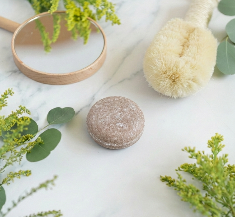 A professional lifestyle product shot of a round, lavender-colored Rosemary Shampoo Bar on a marble countertop. The bar is staged with a wooden hand mirror, a natural fiber body brush, and fresh rosemary stems to highlight its herbal ingredients and eco-friendly aesthetic.