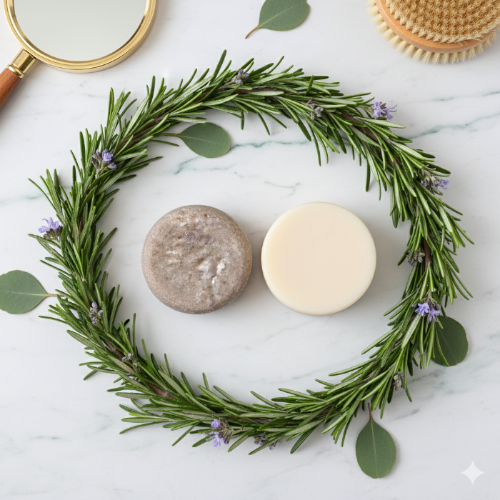 A flat lay photograph of the Rosemary Shampoo and Conditioner bars placed side-by-side on a white marble surface. The bars are framed by a circular wreath of fresh rosemary sprigs with small purple flowers, styled with a wooden mirror and a natural bath brush.