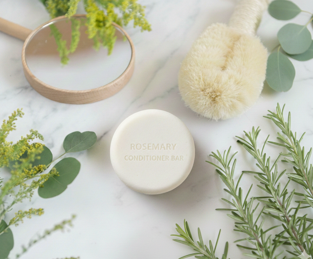 An aesthetic lifestyle photograph of a natural Rosemary Conditioner Bar on marble. The scene features botanical greenery, a wooden hand mirror, and a natural fiber brush, highlighting the zero-waste and herbal nature of the hair care product.