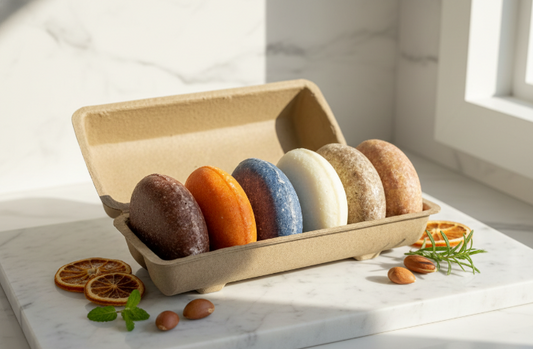 6-pack variety set of eco-friendly shampoo and conditioner bars in a sustainable carton.