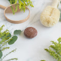 A round natural shampoo bar placed on a marble surface surrounded by green foliage and a white, fluffy brush in the background.