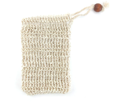 Beige soap saver bag against a white background